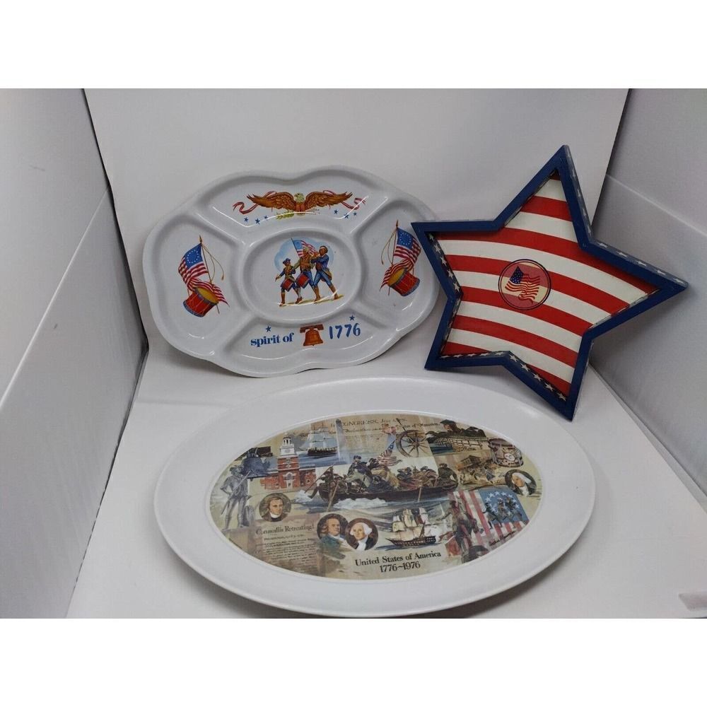 Lot of 3 Patriotic Serving Trays USA America Red White and Blue Bicentennial 4th